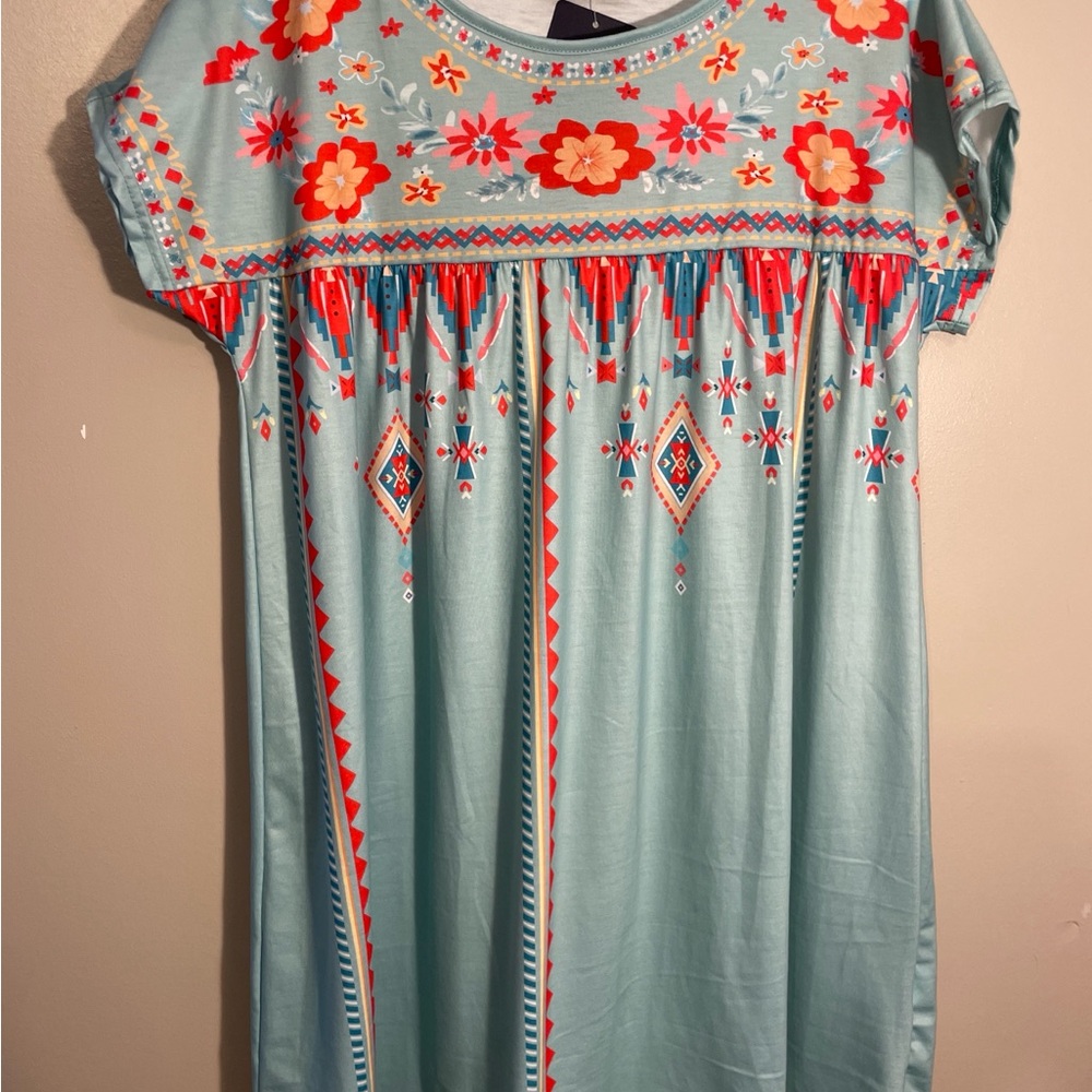Aqua Floral & Geometric Mini Dress - BreezeStyle